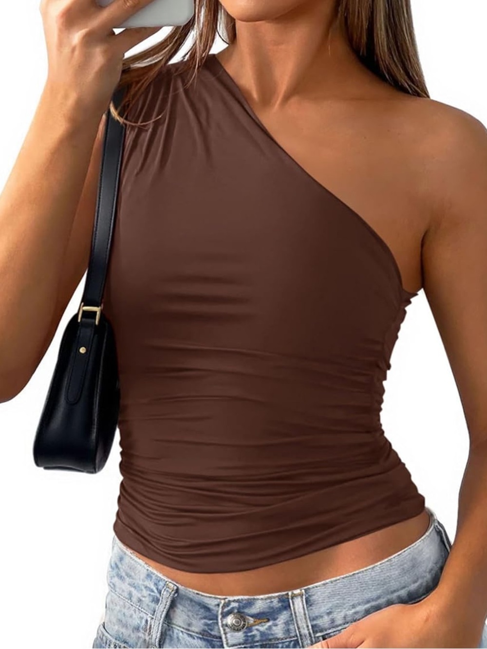 One-Shoulder Brown Ruched Women’s Top